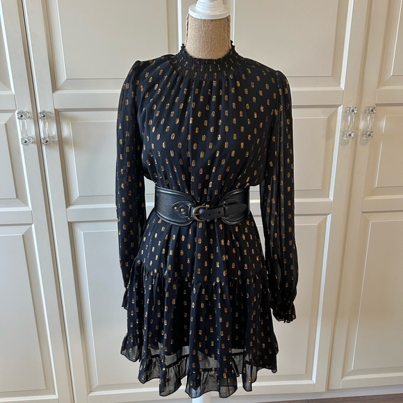 O.P.T. Black & Metallic Gold Fleck Chiffon Mini Dress Size M - Picture 3 of 12